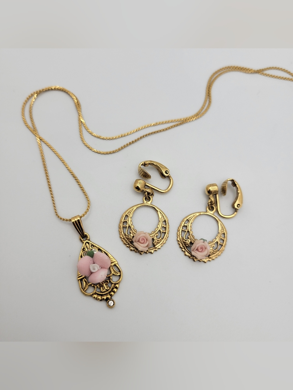Victorian Revival Filigree Pink Porcelain Rose Necklace Clip-on Earrings Set